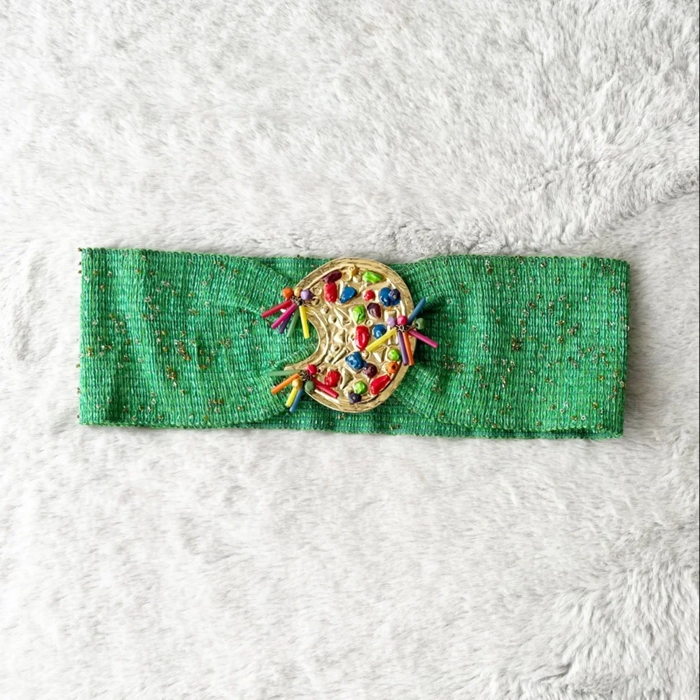 BORBONESE Vintage 1980s Green Stretchy Beaded Belt with Gold Tone Clasp